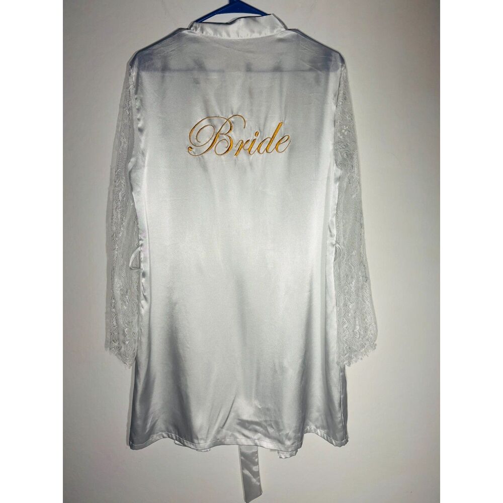 White Satin Bride Robe Lace Sleeve Bridal Wedding Getting Ready Belted Size S/M